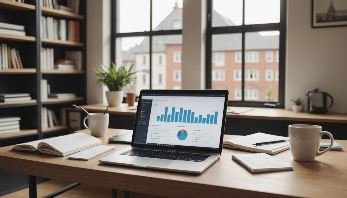 Espace de télétravail à domicile avec ordinateur portable et graphiques