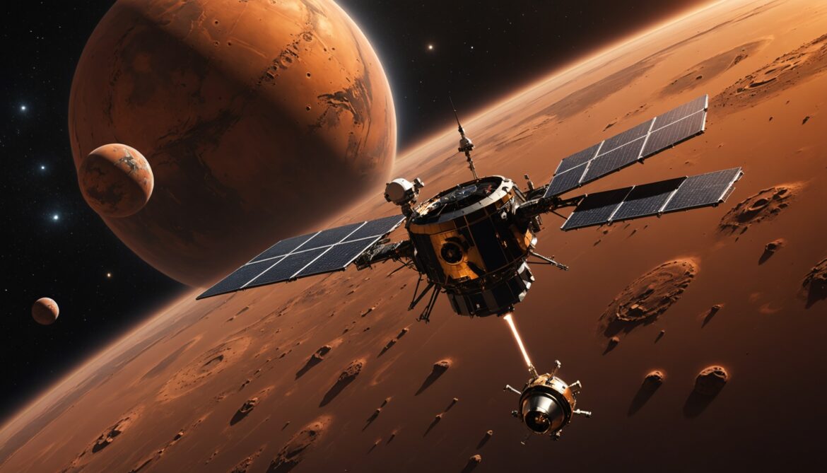 Vue d'artiste de la sonde Psyche survolant la planète Mars