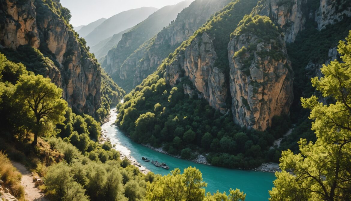 Vue panoramique des gorges du Lousios en Arcadie avec un monastère byzantin perché sur la falaise