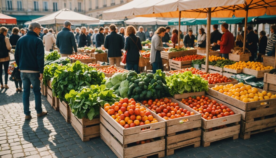 Étal de fruits et légumes frais sur un marché français