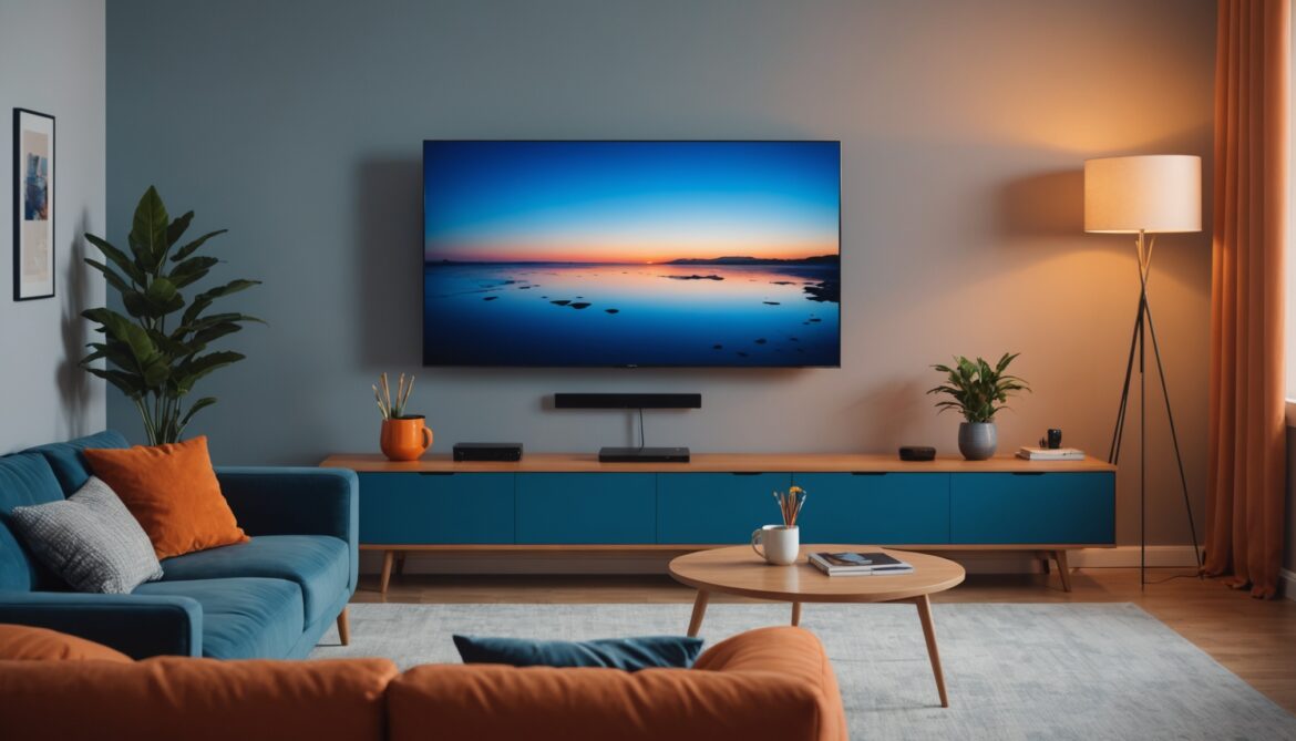 Salon avec television connectee diffusant des contenus streaming