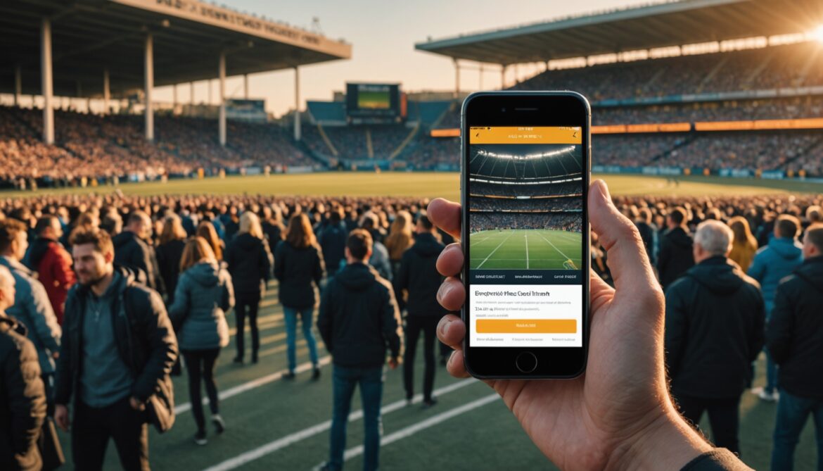 Supporter devant l'entrée d'un stade avec un billet numérique sur smartphone
