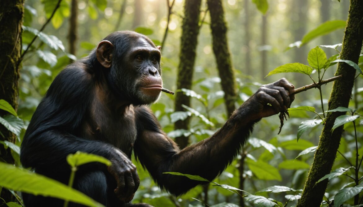 Chimpanze sauvage utilisant une brindille comme outil, illustration de la culture animale