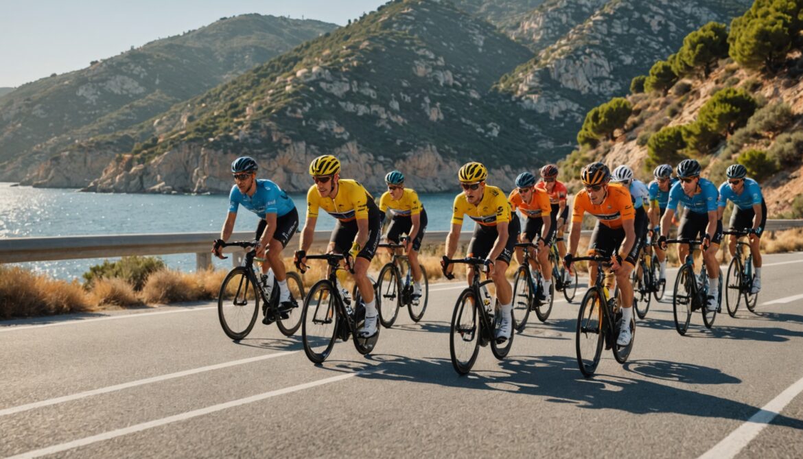 Peloton de cyclistes du Tour de France 2026 sur une route cotiere ensoleillee en Catalogne