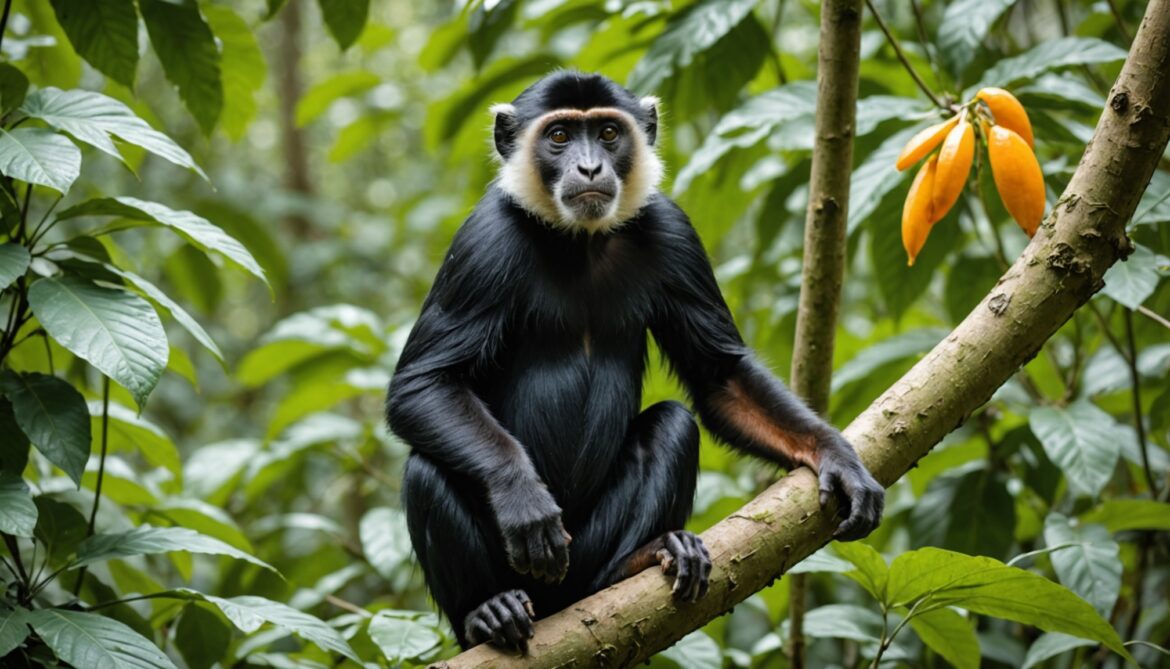 Singe colobe Likweli au museau orange dans la canopee du Congo