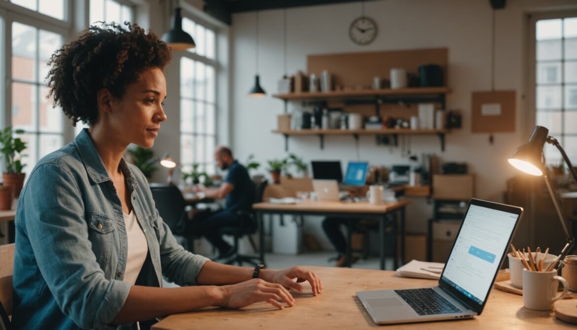 Dirigeant de petite entreprise utilisant un assistant IA sur un ordinateur portable