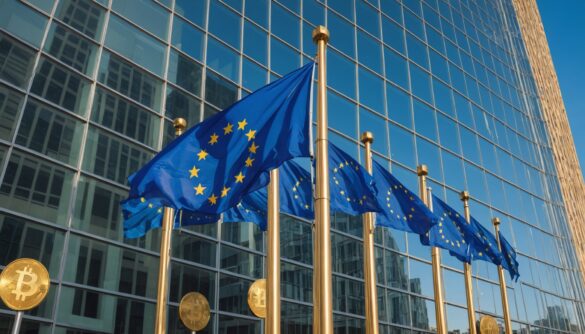 Drapeaux européens devant un immeuble financier moderne, symbole de la régulation MiCA des crypto-actifs