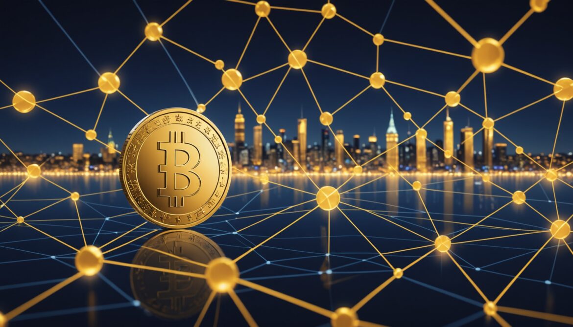 Pièce d'un euro dorée au-dessus d'un réseau blockchain, illustration du stablecoin en euro EURXT