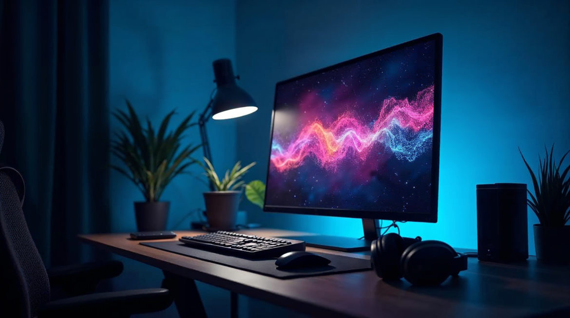 Bureau informatique la nuit avec écran lumineux