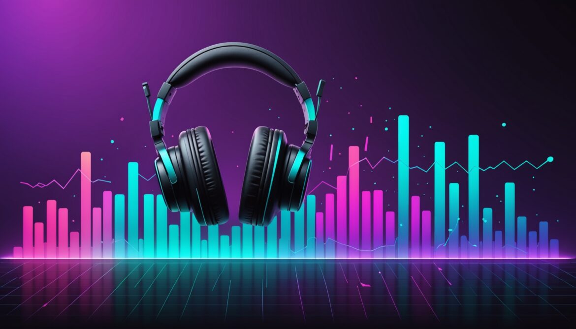Illustration abstraite de l'industrie du streaming musical, ondes sonores et egaliseur numerique
