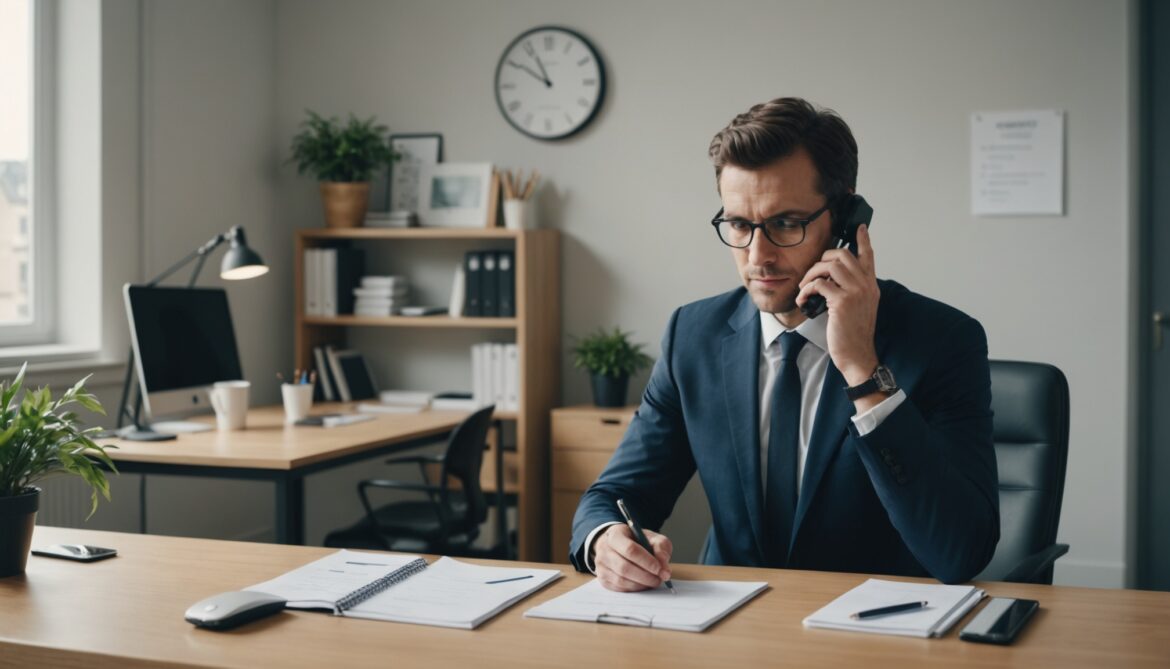 Professionnel au téléphone dans un bureau, symbole du nouveau consentement obligatoire au démarchage téléphonique