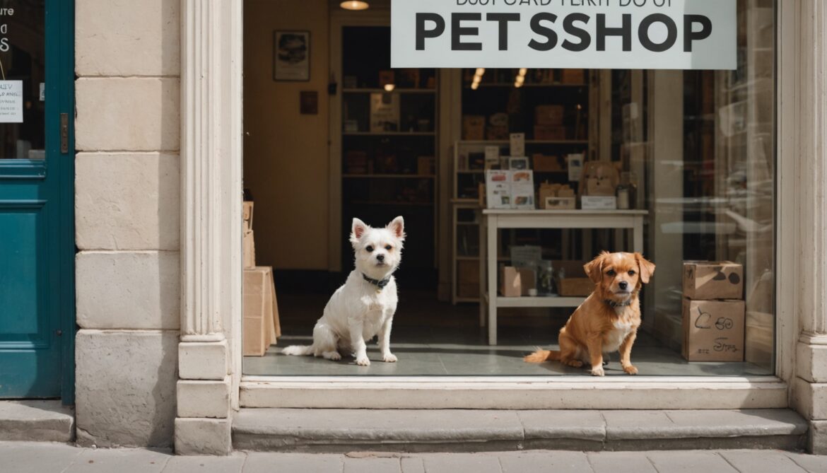 Vitrine d'animalerie avec un chien et un chat visibles depuis la rue