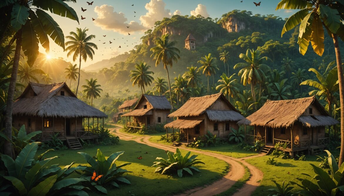Illustration d'un village colombien tropical en réalisme magique évoquant Cent ans de solitude