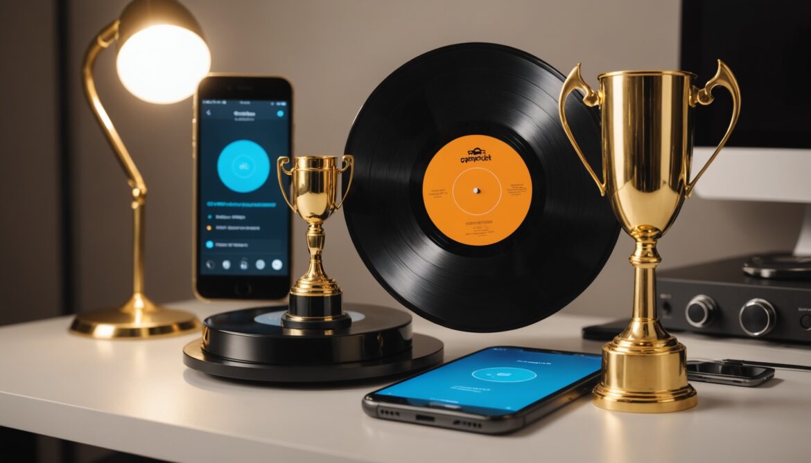 Trophée doré de certification musicale et disque vinyle symbolisant les certifications or, platine et diamant à l'ère du streaming