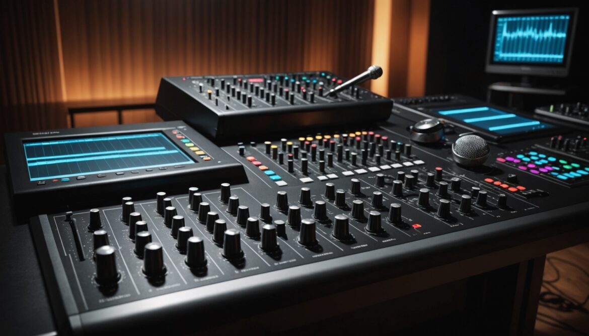 Console de studio de musique avec ondes sonores, symbole de la justice et de l'IA dans la musique
