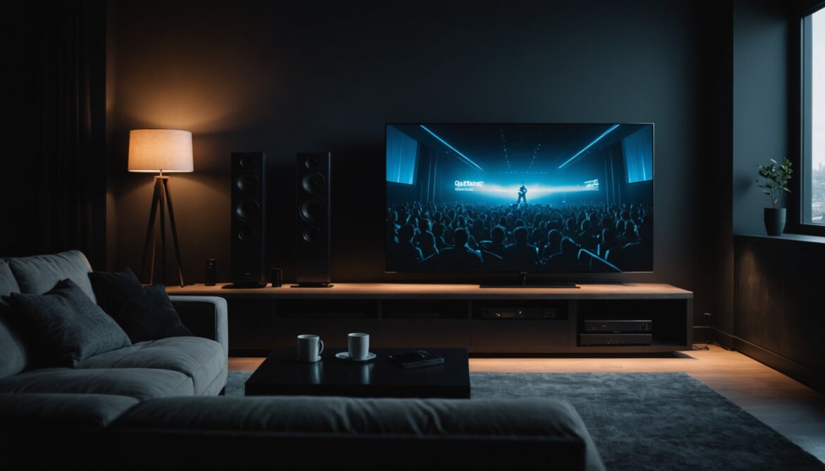 Télévision allumée dans un salon sombre illustrant le streaming et les nouvelles obligations d'investissement de l'Arcom