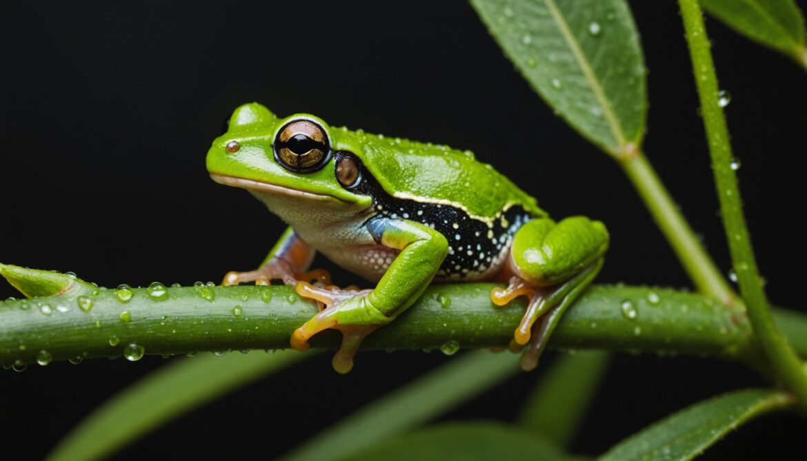 Petite rainette verte tachetée perchée de nuit sur une branche de caféier