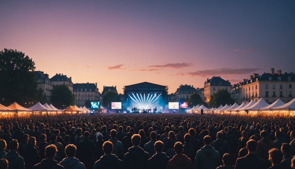 Foule lors d'un festival de musique en plein air le soir, ambiance festive