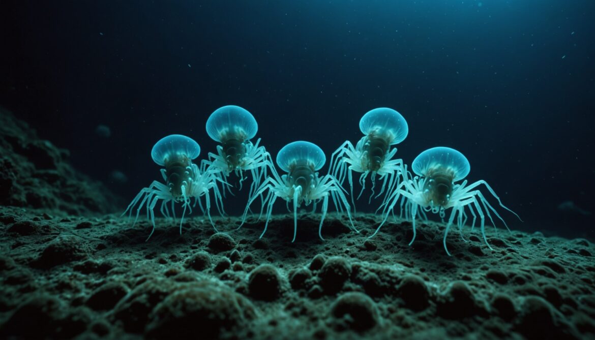 Illustration de petits crustacés amphipodes dans les abysses de l'océan Pacifique