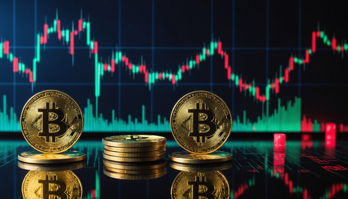 Pièces bitcoin et ethereum sur fond de graphiques boursiers en baisse