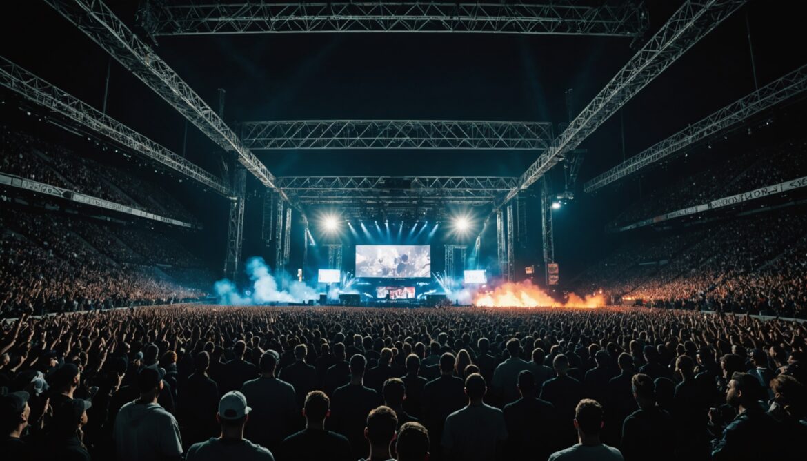 Stade rempli de spectateurs lors d'un concert de rap en soirée avec jeux de lumière
