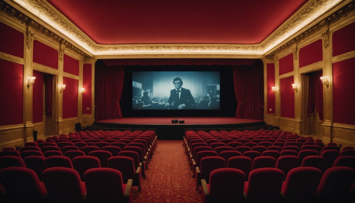 Intérieur d'une salle de cinéma française illuminée le soir