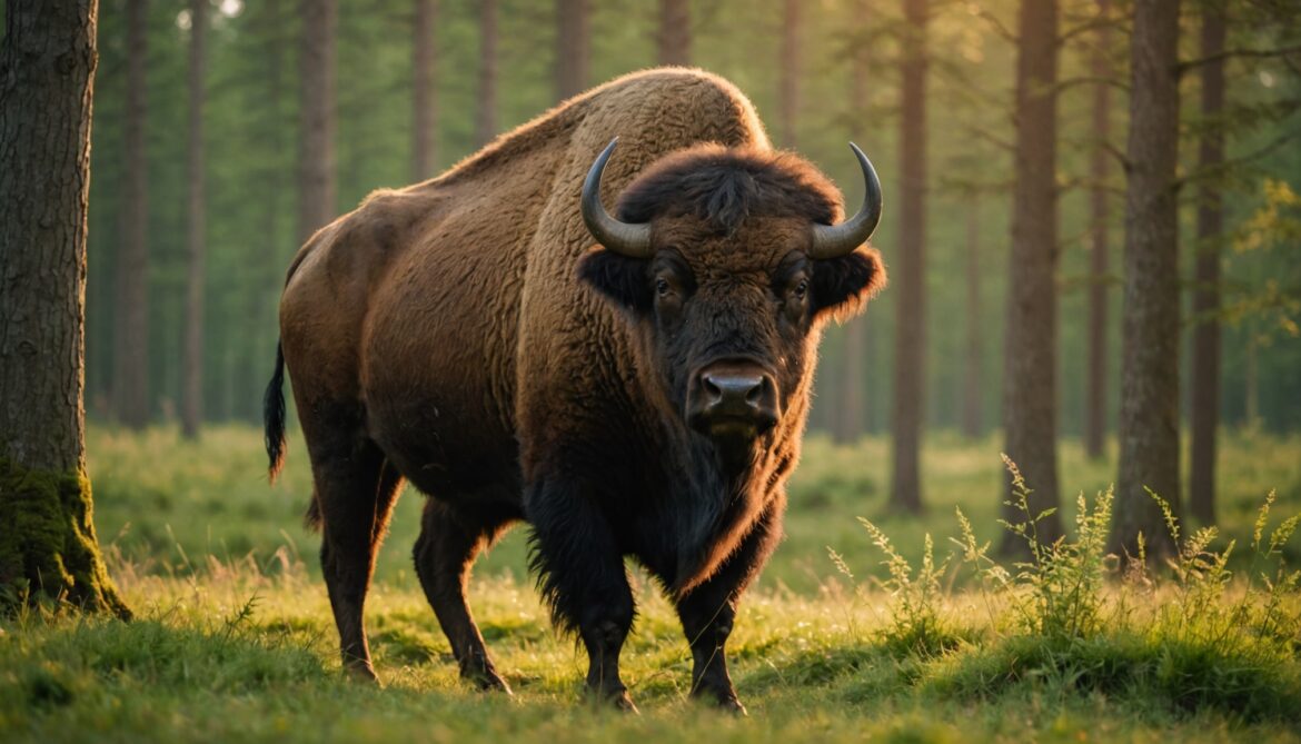 Bison d'Europe dans une forêt, illustration des espèces menacées et de leur conservation