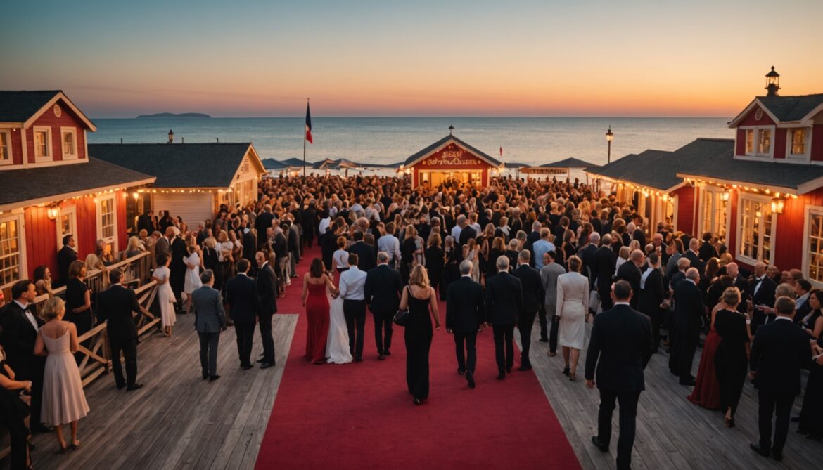 Soirée de festival de cinéma sur une promenade en bord de mer, ambiance tapis rouge