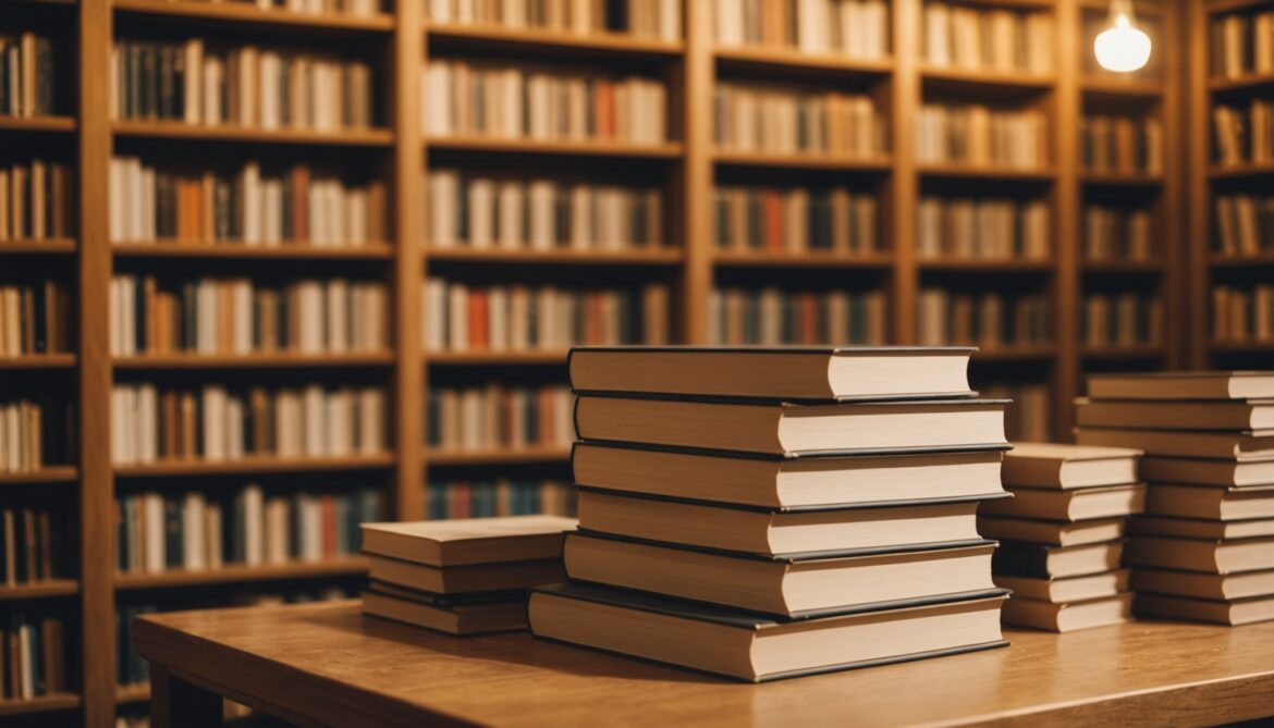 Piles de romans neufs sur une table de librairie, ambiance rentrée littéraire
