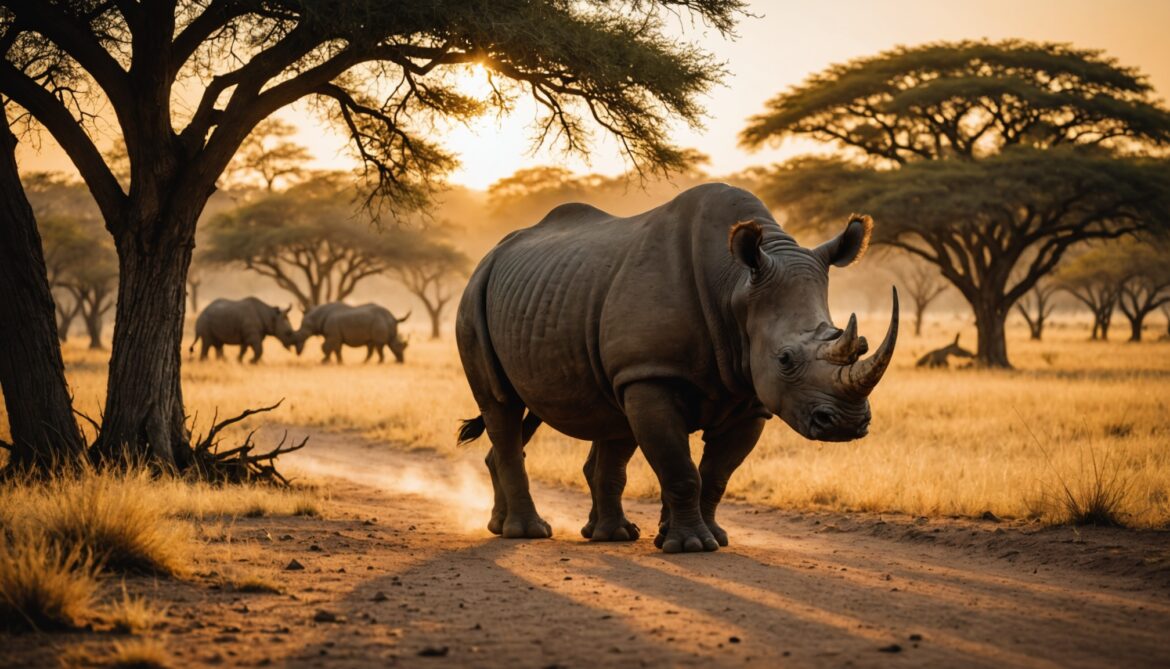 Rhinocéros noir marchant dans la savane du Zimbabwe au coucher du soleil