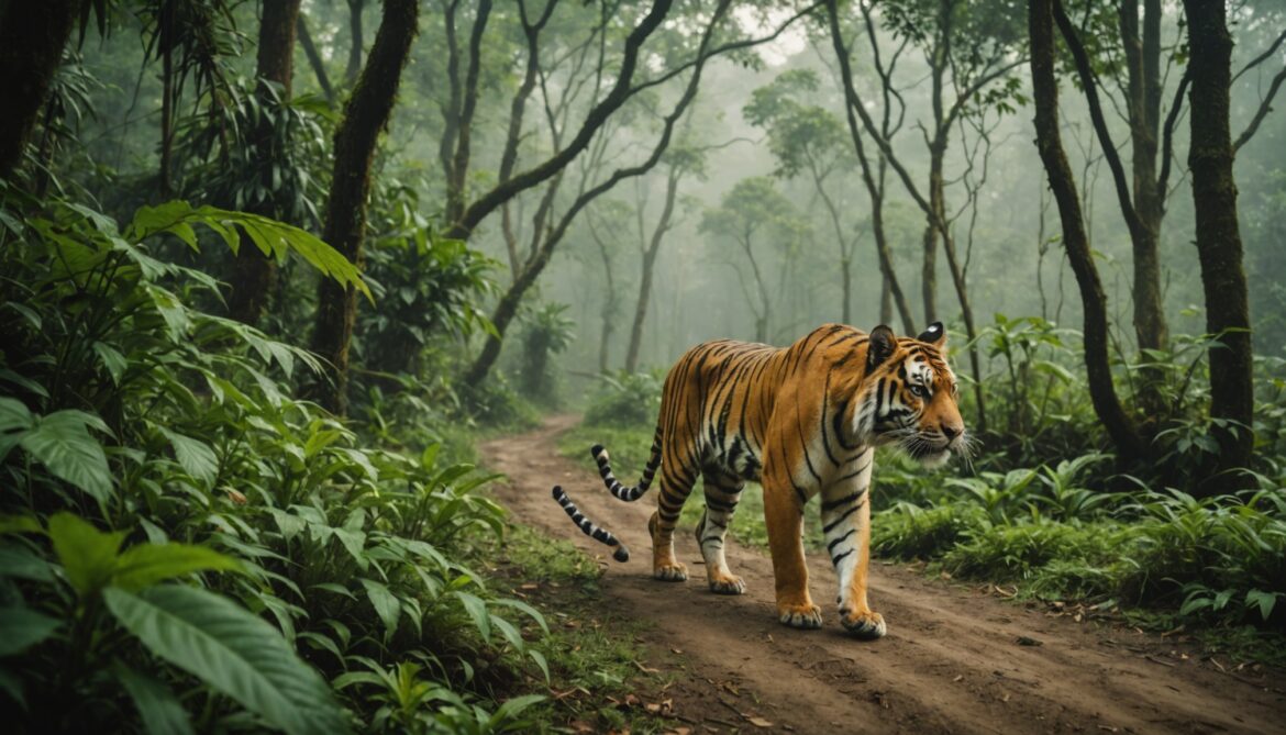 Tigre du Bengale sauvage marchant dans la jungle népalaise à l'aube