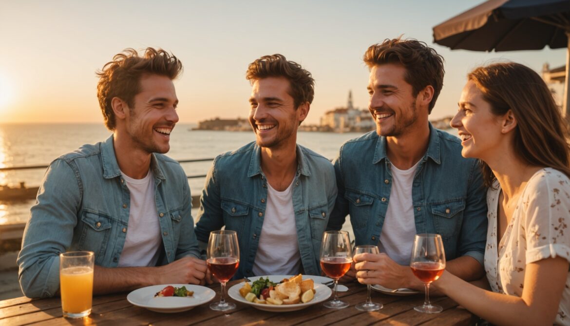 Deux couples souriants lors d'un rendez-vous amoureux en duo au coucher du soleil