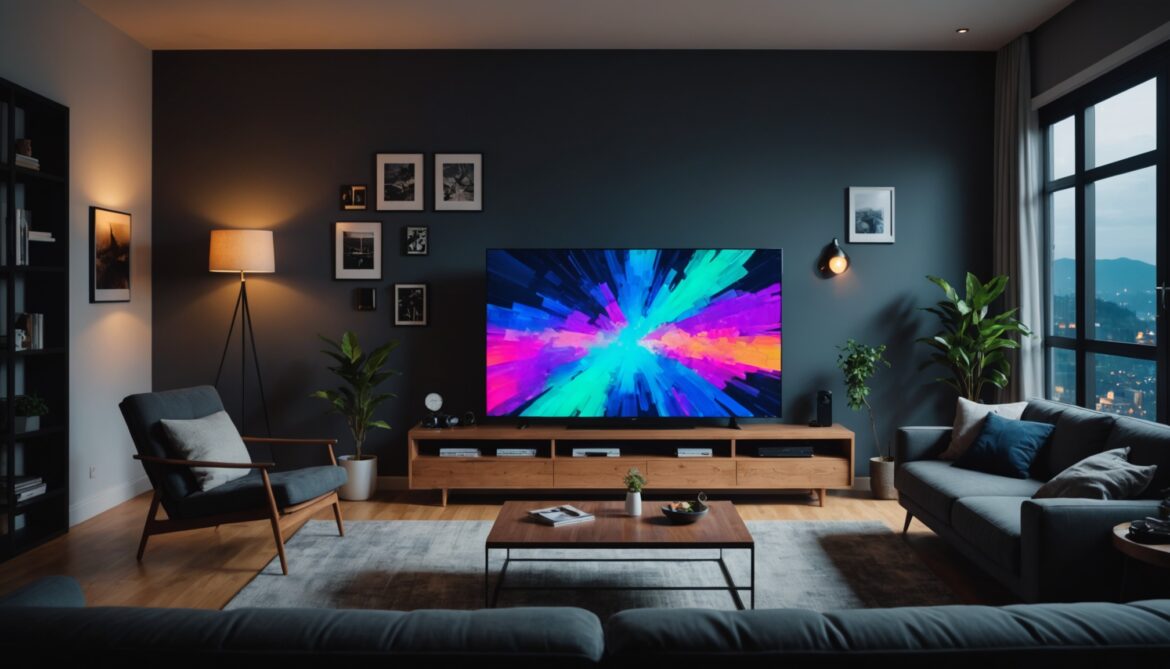 Télévision allumée dans un salon la nuit avec interface de plateforme de streaming