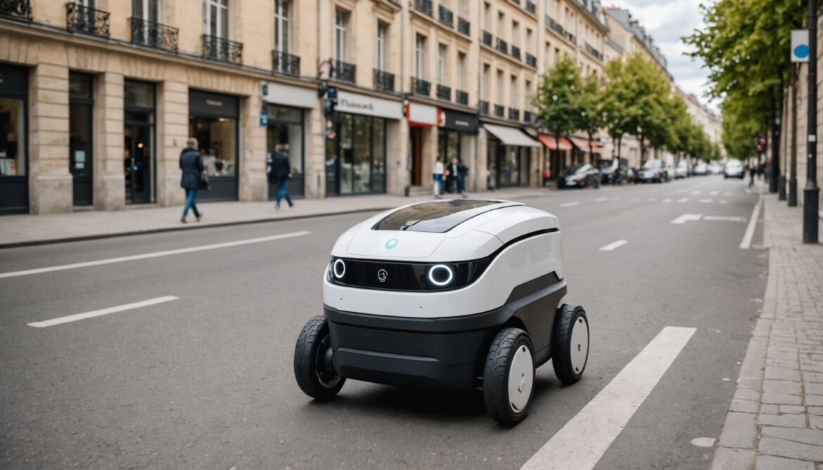 Robot de livraison électrique autonome circulant sur un trottoir en ville