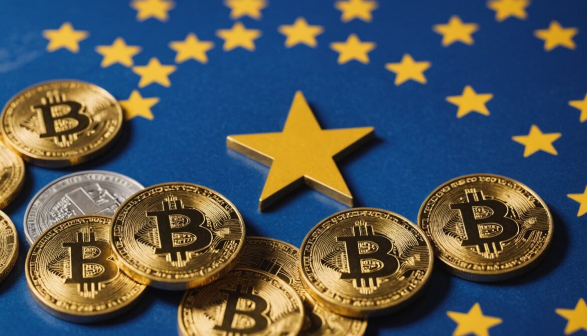 Pièces de cryptomonnaie et étoiles du drapeau européen, illustration de la régulation MiCA