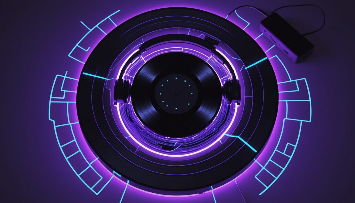 Illustration d'ondes sonores numériques et de circuits futuristes symbolisant la musique générée par IA