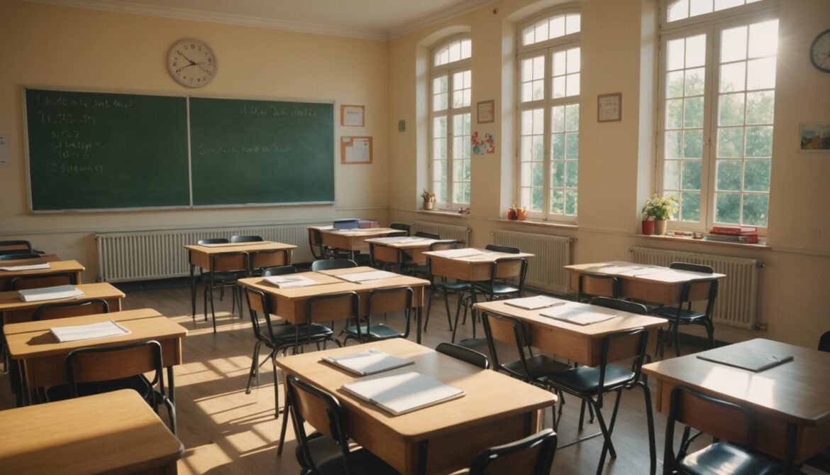 Salle de classe française vide et lumineuse le jour de la rentrée scolaire