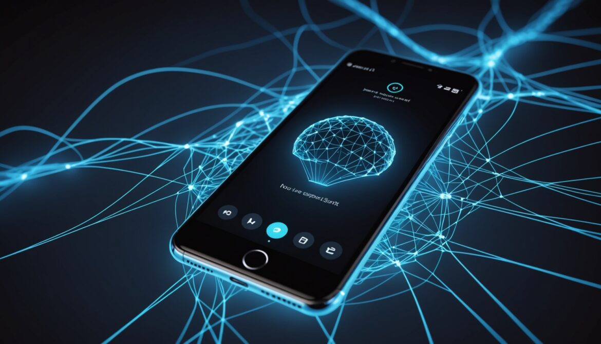 Illustration d'un smartphone lumineux symbolisant un assistant d'intelligence artificielle vocal, essor des applications IA grand public