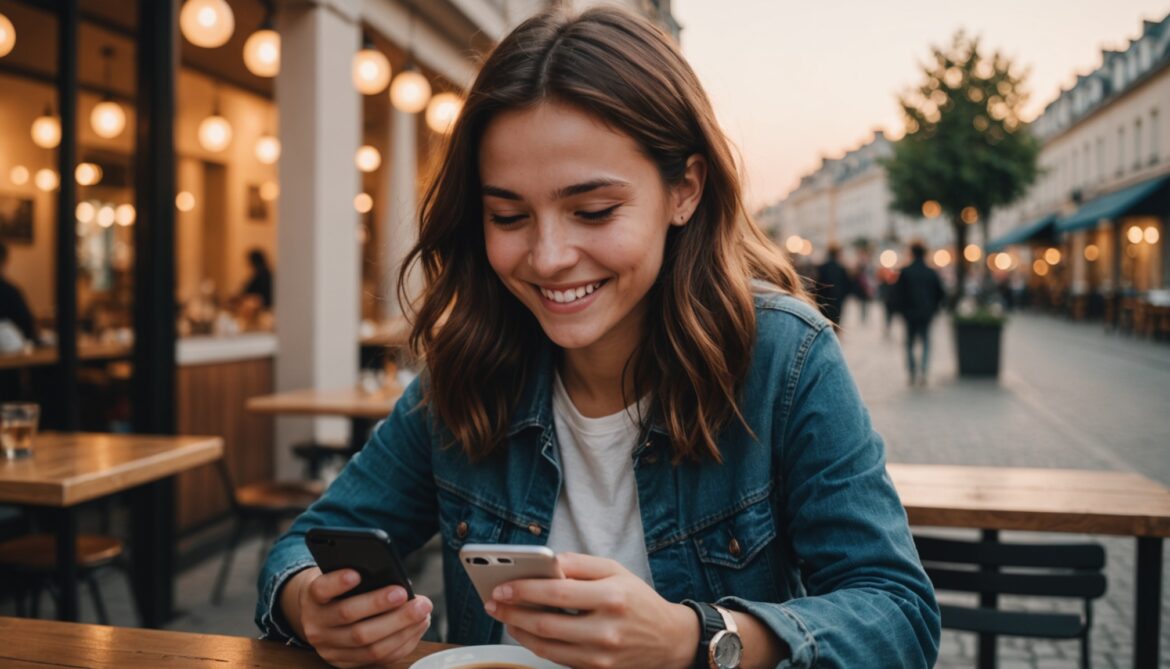Jeune personne souriante consultant une application de rencontre sur son smartphone en terrasse