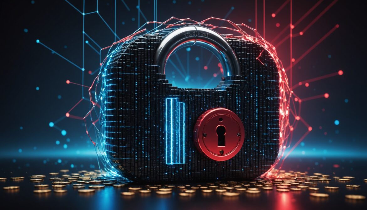 Illustration d'un cadenas numérique brisé sur fond de réseau blockchain