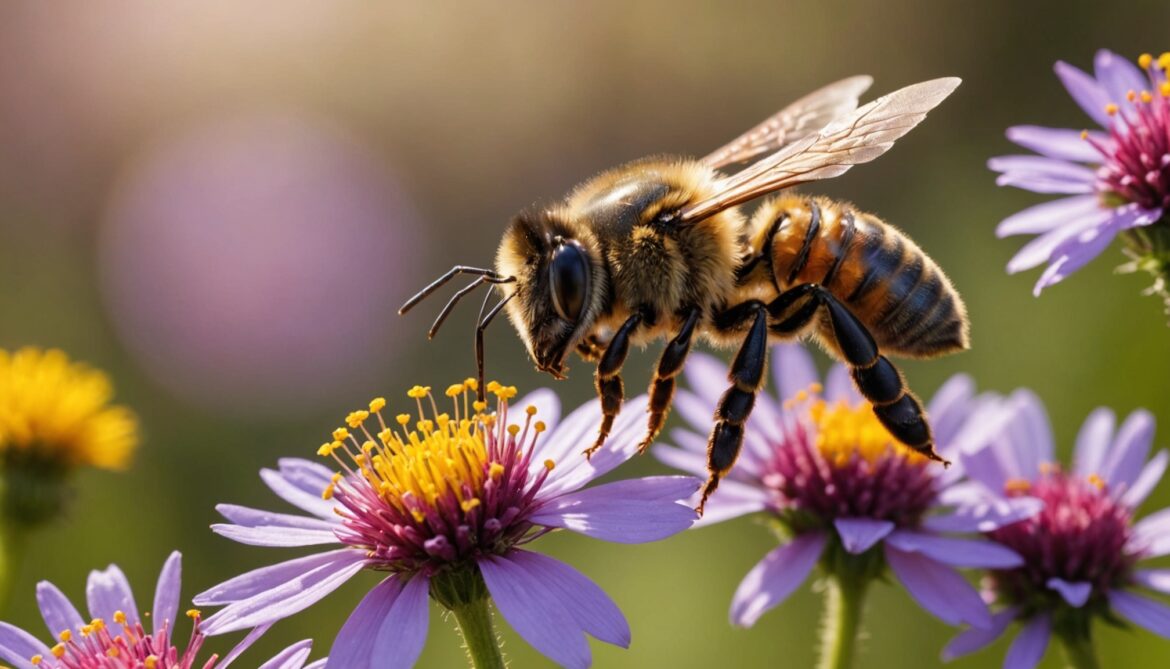 Abeille en vol au-dessus de fleurs en pleine lumière