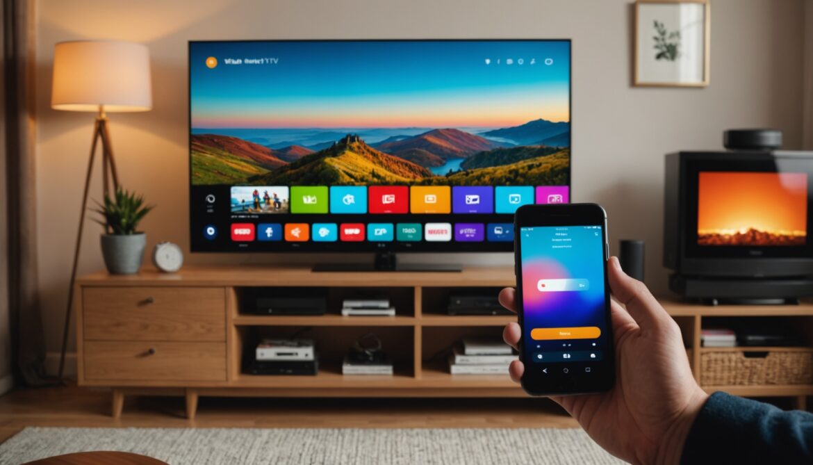 Smartphone et télévision connectée affichant une application de streaming