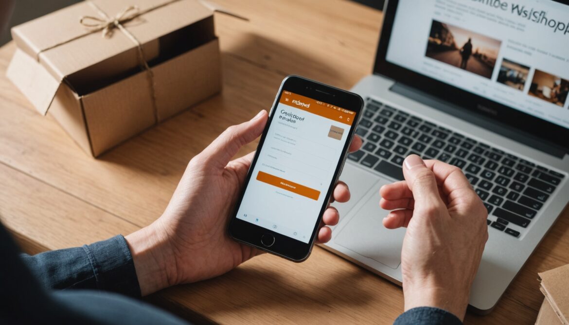 Achat en ligne sur smartphone devant un ordinateur portable et un colis en carton