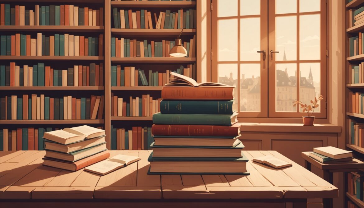 Illustration de livres empilés dans une librairie à l'ambiance chaleureuse