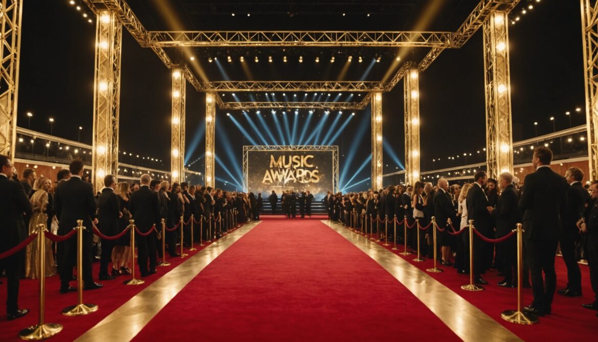 Scène de cérémonie de remise de prix musicaux la nuit avec projecteurs dorés