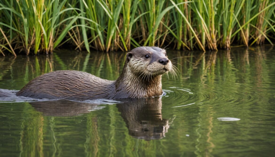 Loutre d'Europe nageant dans une rivière naturelle entourée de végétation
