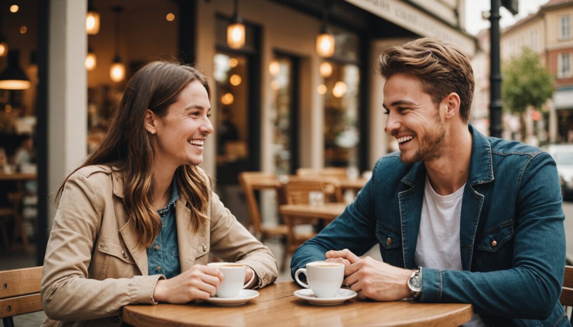Jeune couple riant ensemble à une table de café, illustration attirance applications de rencontre