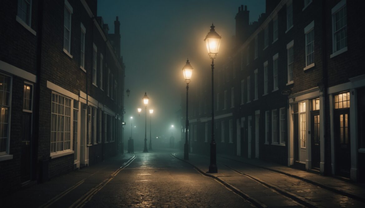 Rue londonienne brumeuse et inquiétante la nuit, éclairée par un lampadaire