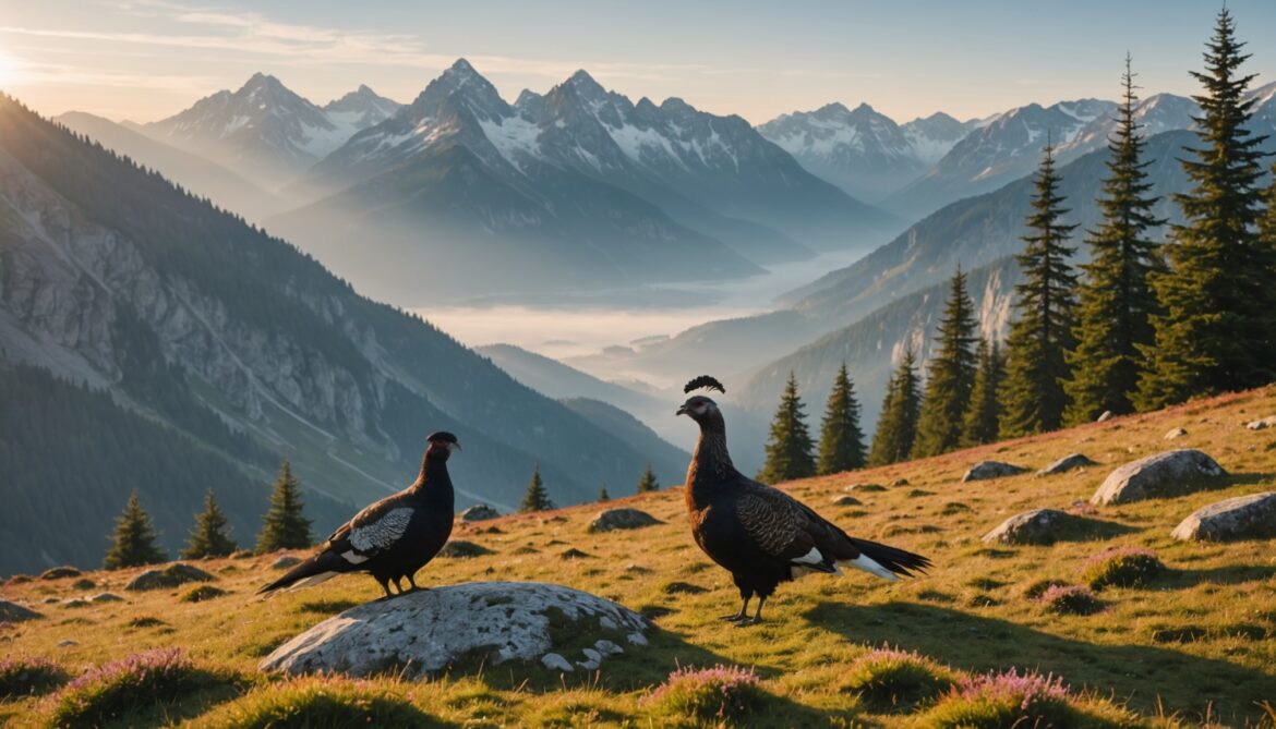 Lagopède alpin et grand tétras dans un paysage alpin, espèces désormais protégées en France