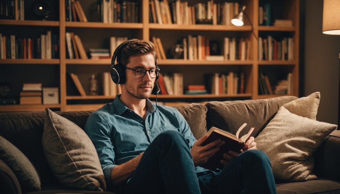 Personne écoutant un livre audio au casque entourée de livres